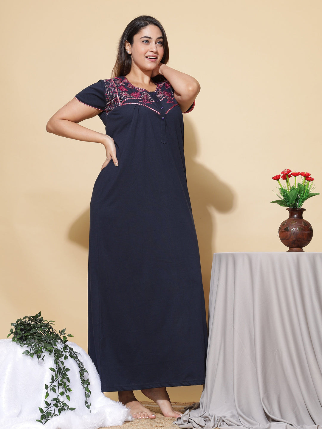  Cotton Blend Nighty  Buy Cotton Blend Designer Navy Blue Nighty- 9shines label 