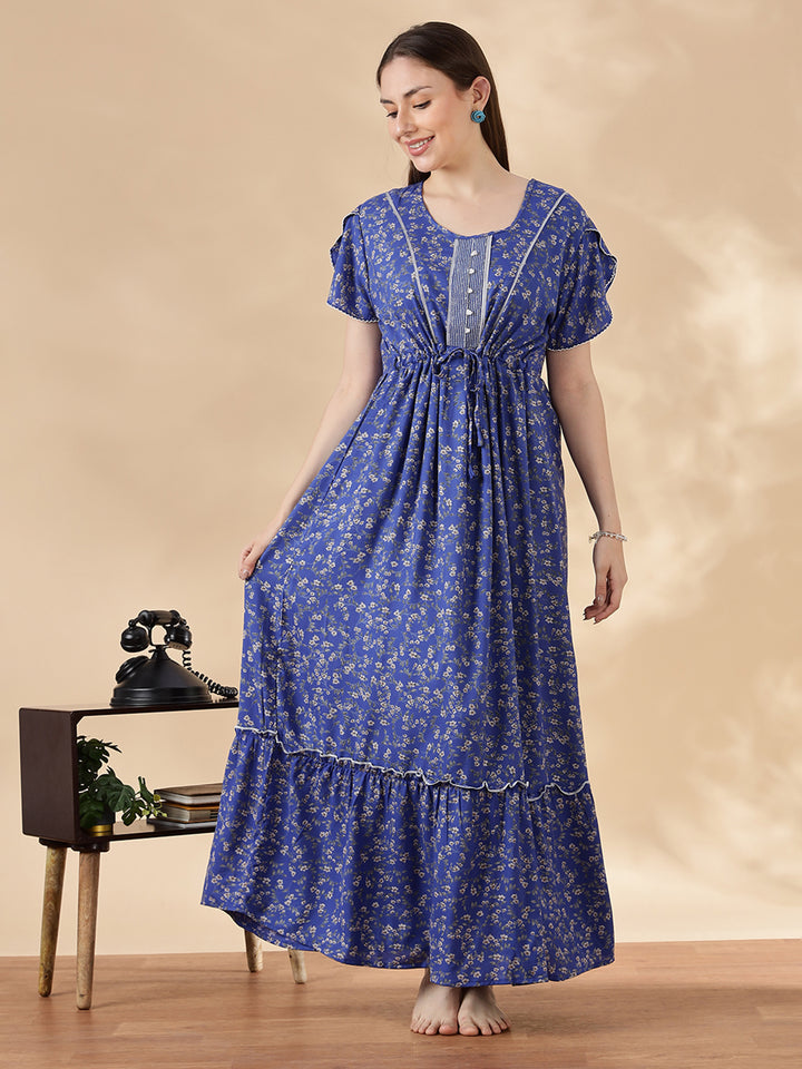 Blue Flora Micro Floral Frock Nighty with Flutter Sleeves