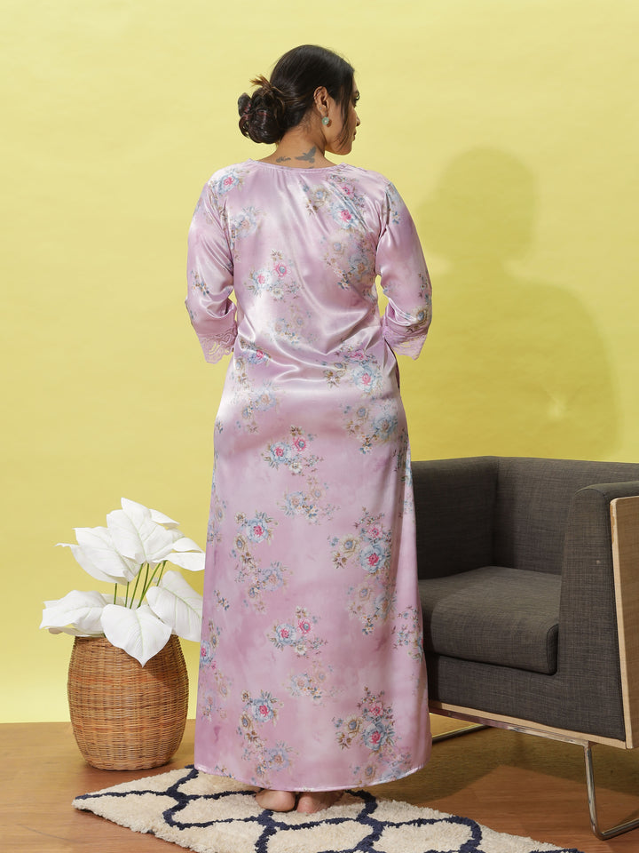 Lavish Light Pink Floral Satin Nighty for Women