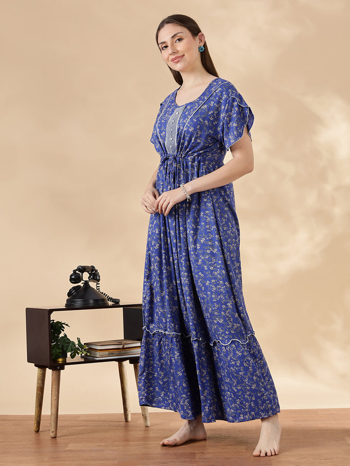 Blue Flora Micro Floral Frock Nighty with Flutter Sleeves