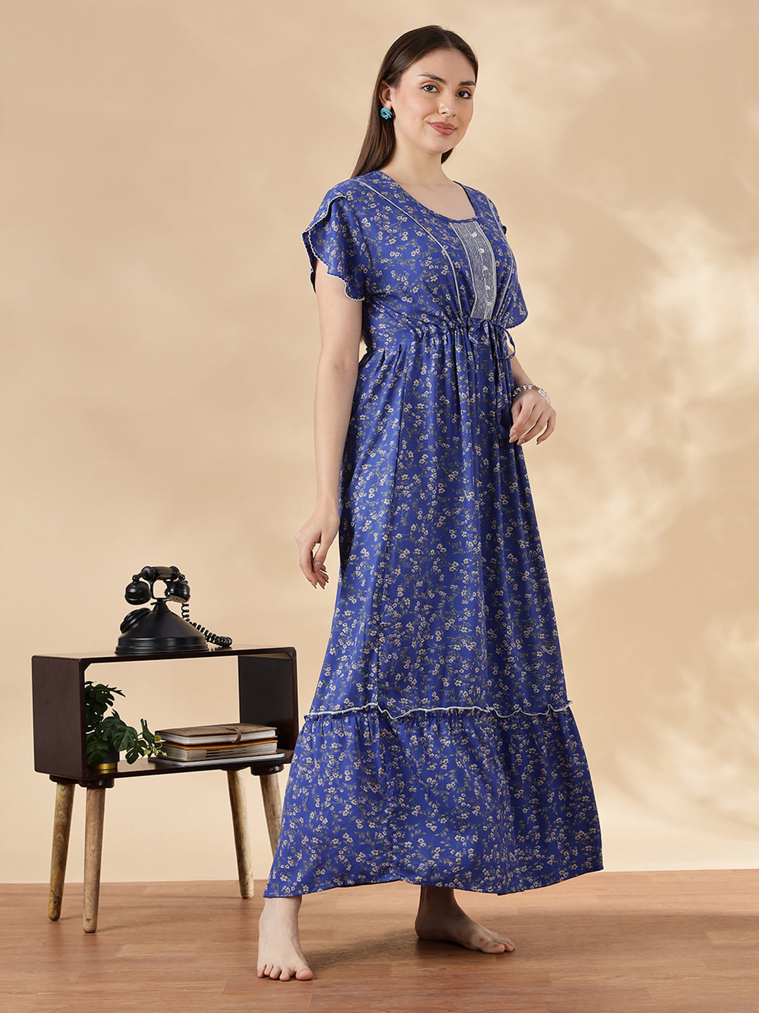 Blue Flora Micro Floral Frock Nighty with Flutter Sleeves