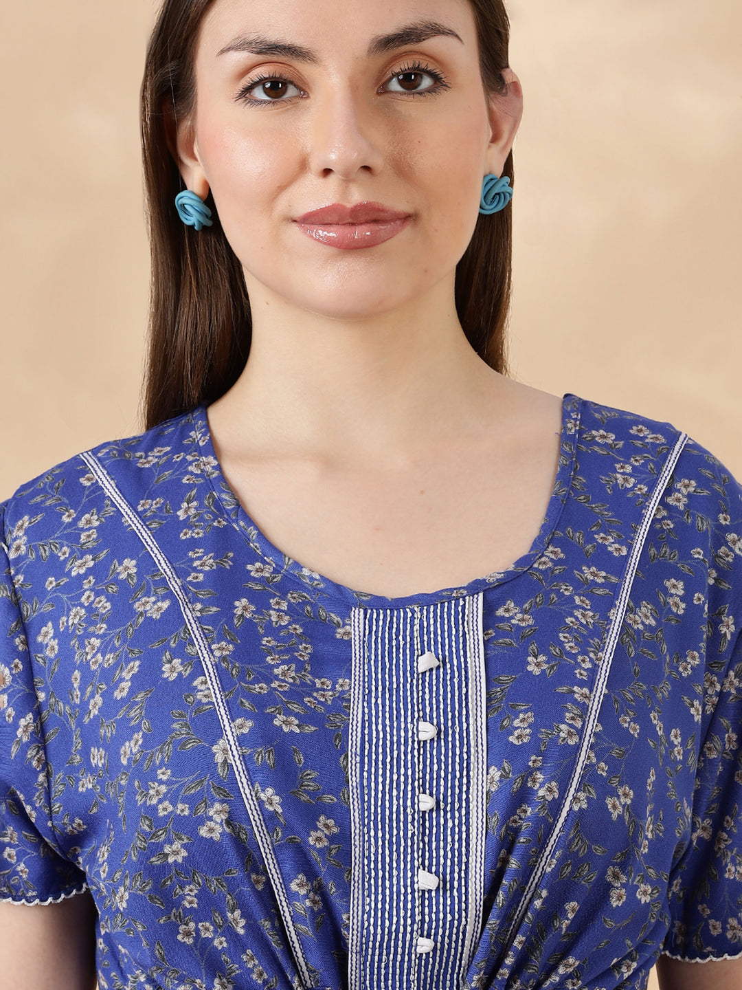 Blue Flora Micro Floral Frock Nighty with Flutter Sleeves