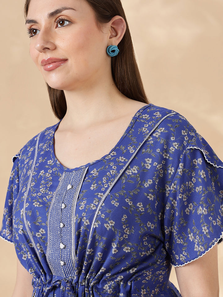 Blue Flora Micro Floral Frock Nighty with Flutter Sleeves