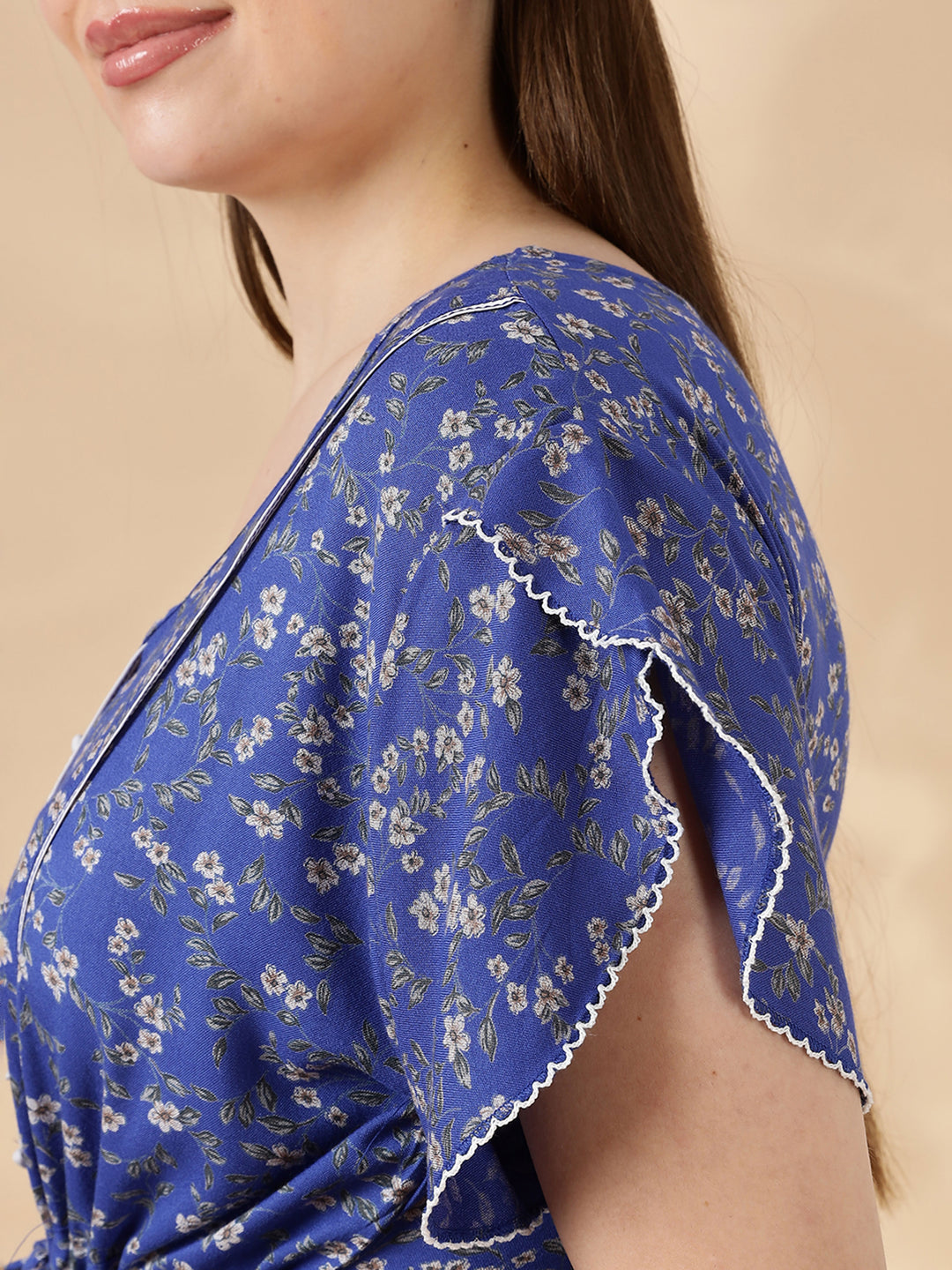 Blue Flora Micro Floral Frock Nighty with Flutter Sleeves