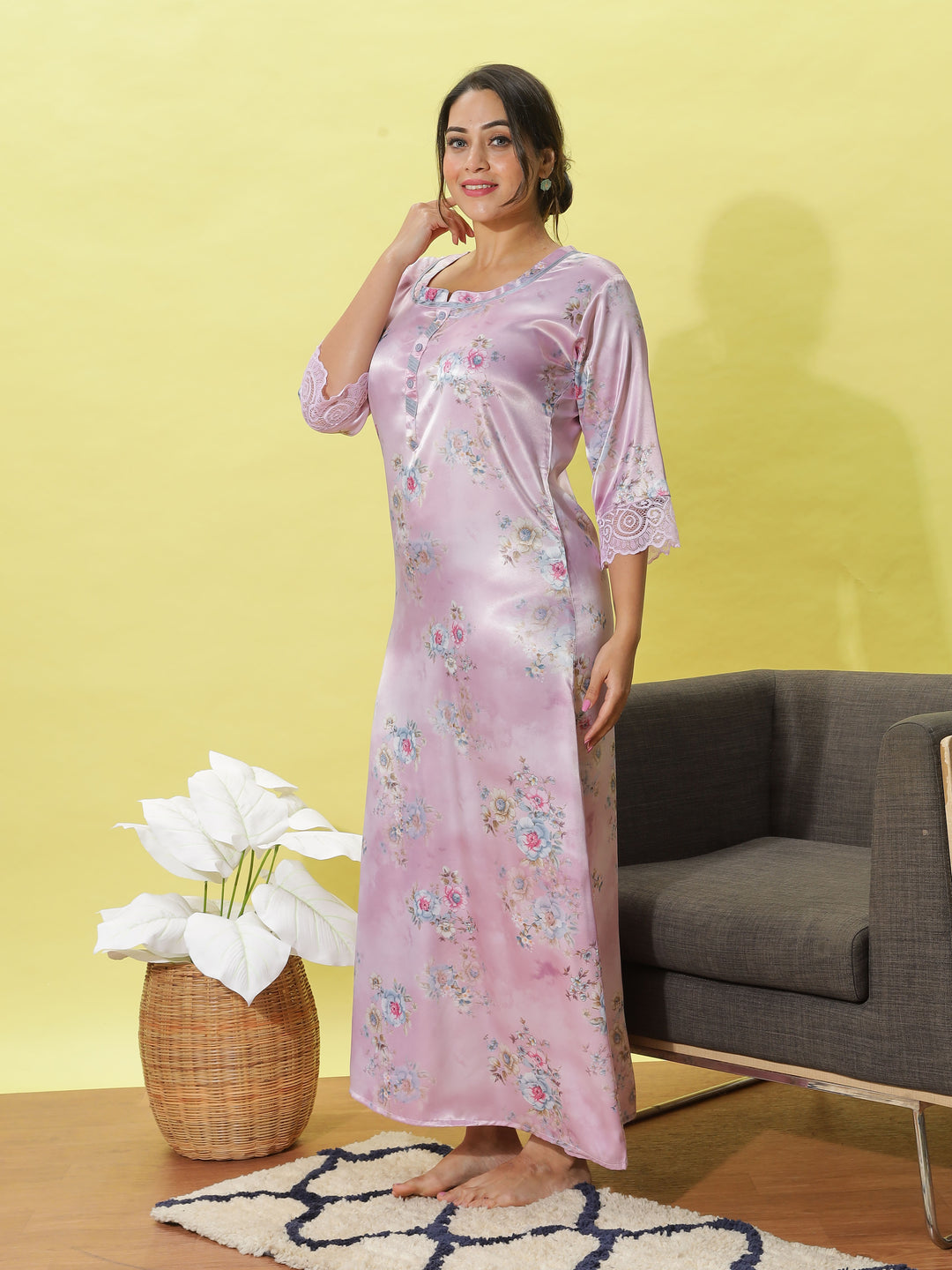 Lavish Light Pink Floral Satin Nighty for Women