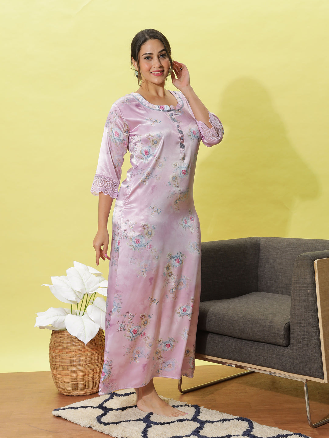 Lavish Light Pink Floral Satin Nighty for Women