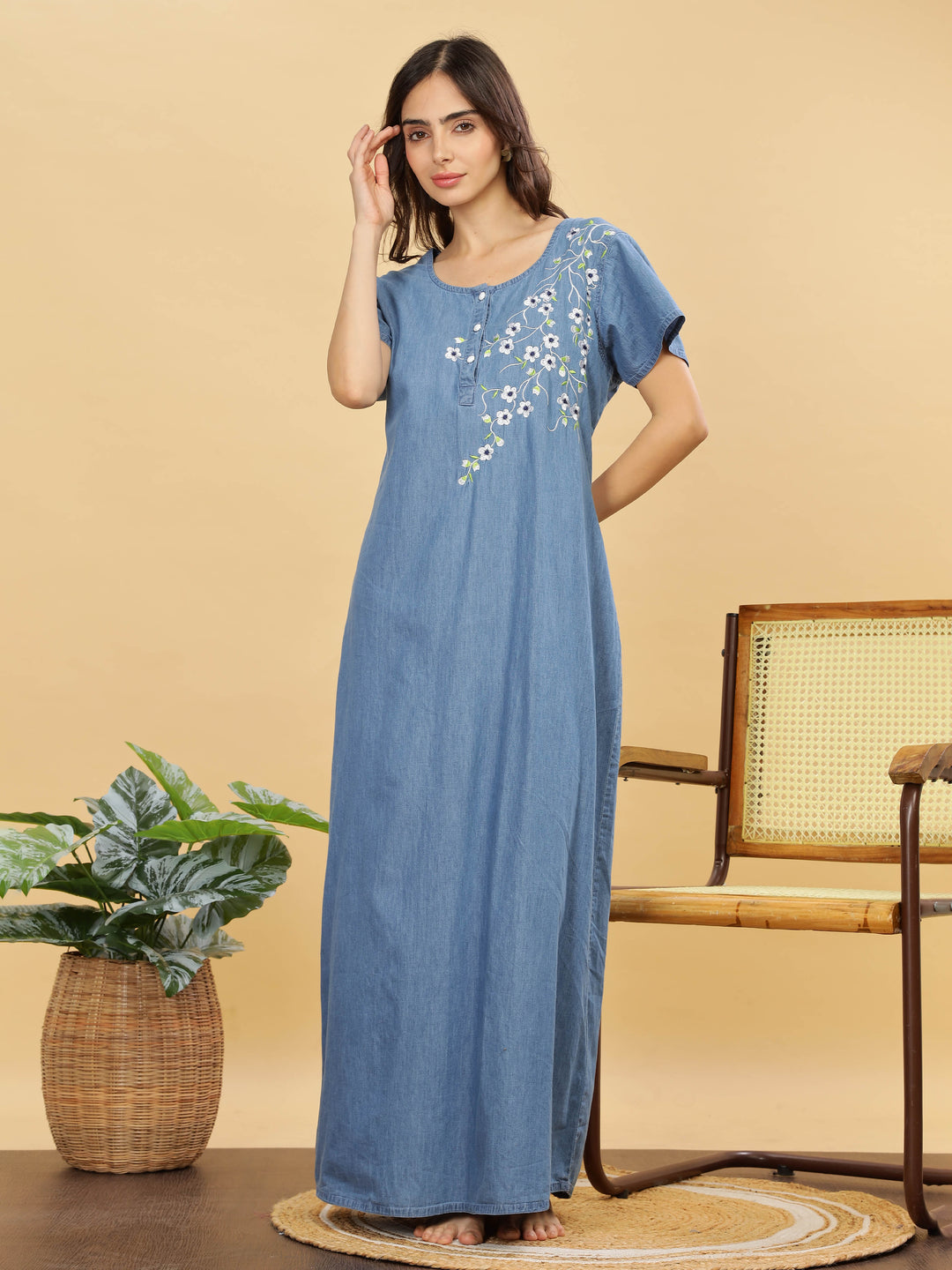 Sky blue cotton nighty for women with floral embroidery