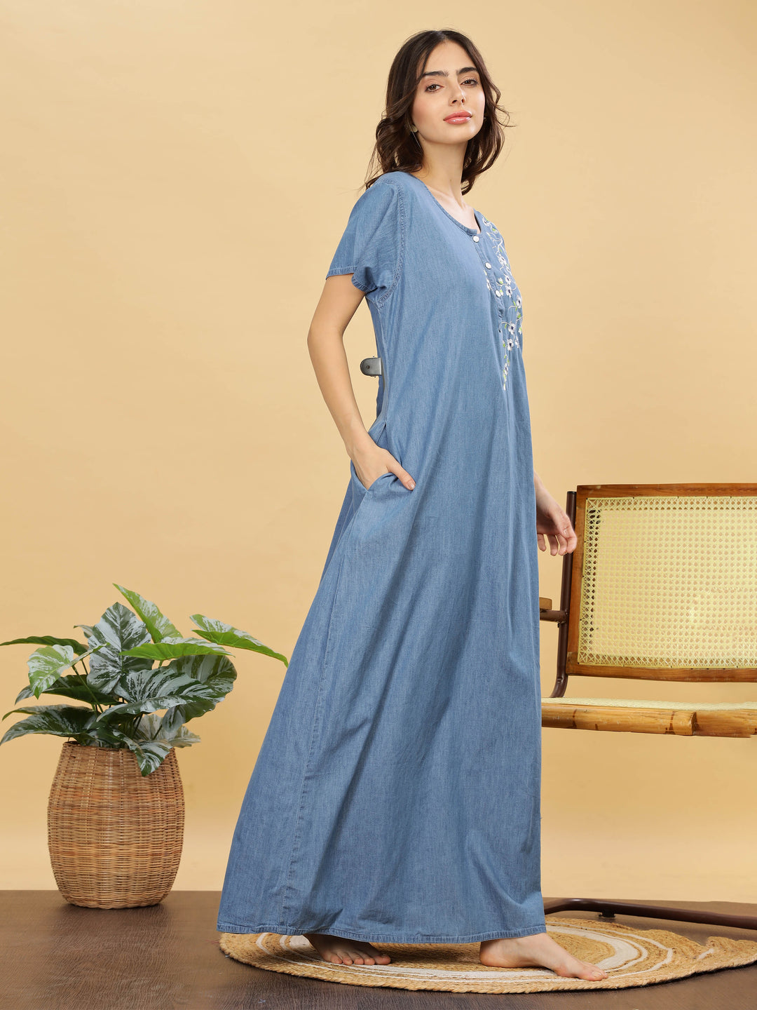 Sky blue cotton nighty for women with floral embroidery