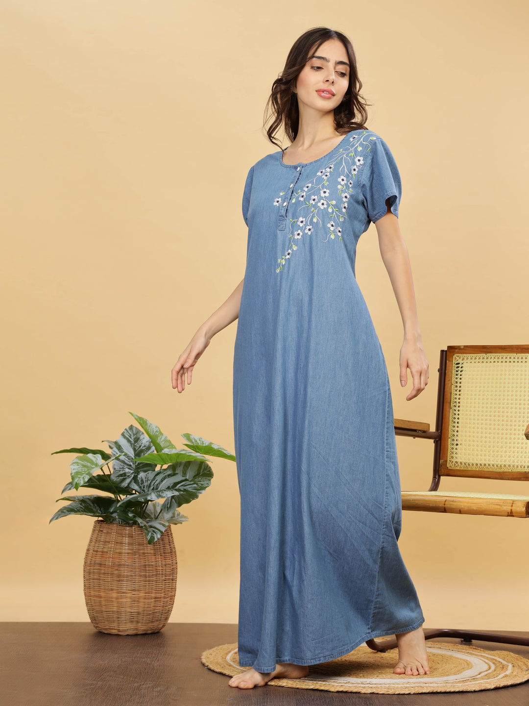 Sky blue cotton nighty for women with floral embroidery