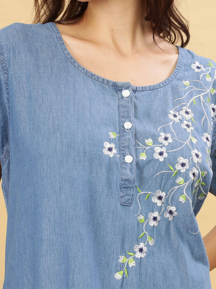 Sky blue cotton nighty for women with floral embroidery