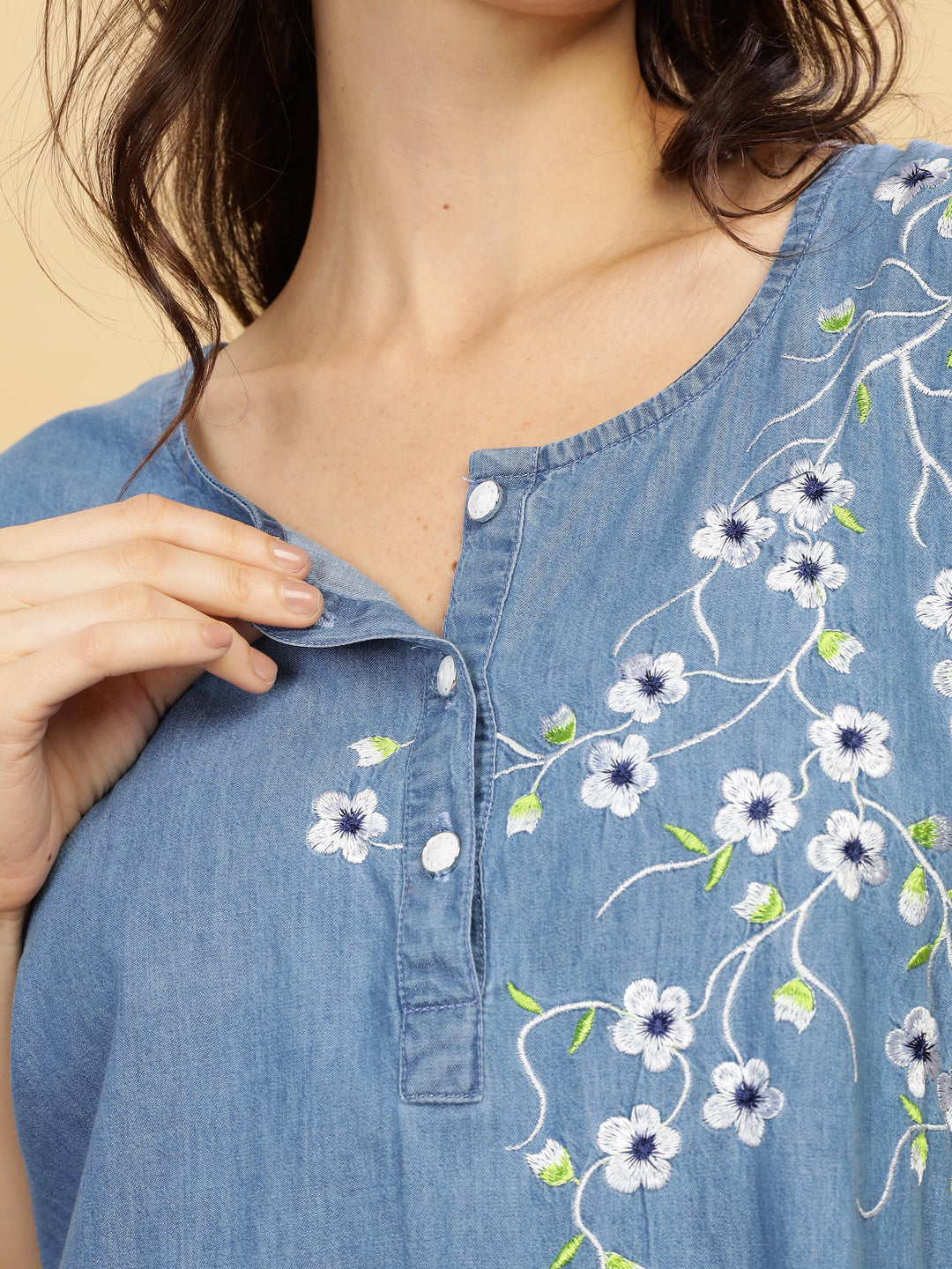 Sky blue cotton nighty for women with floral embroidery