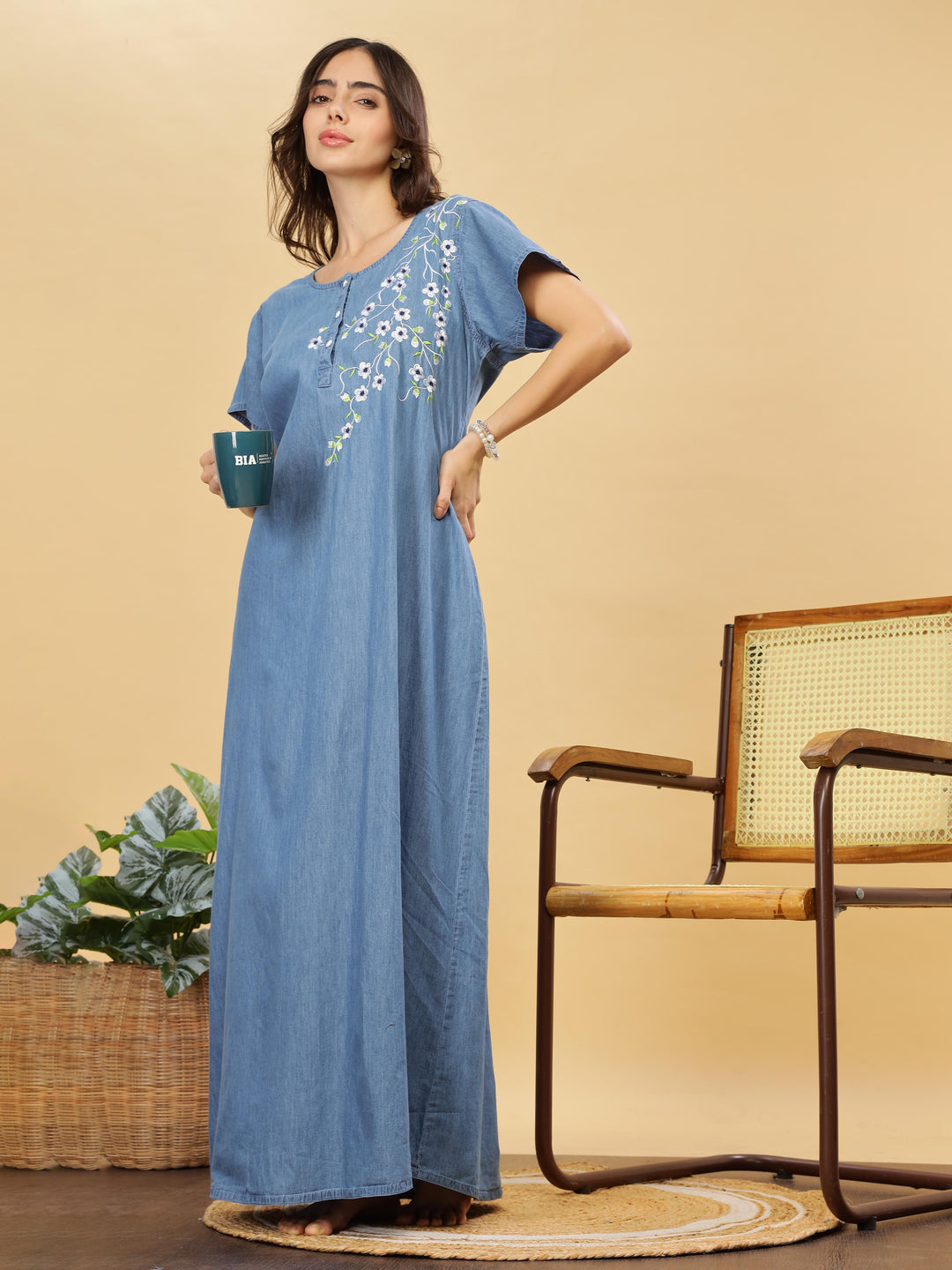 Sky blue cotton nighty for women with floral embroidery