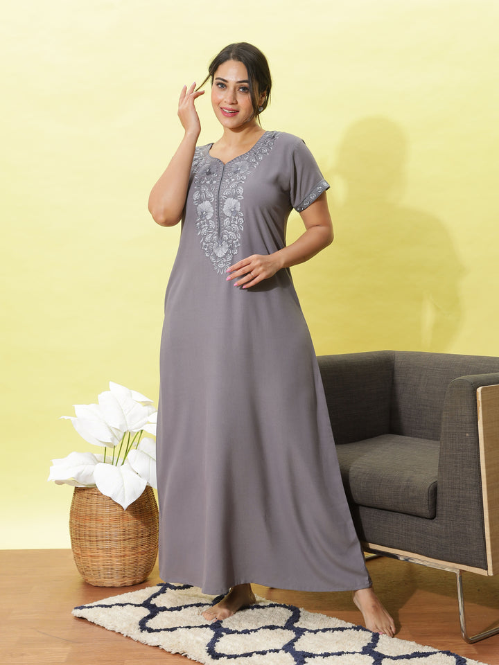 French Silver Alpine Nighty for Women with Embroidery