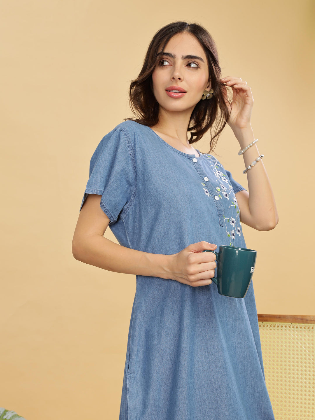 Sky blue cotton nighty for women with floral embroidery