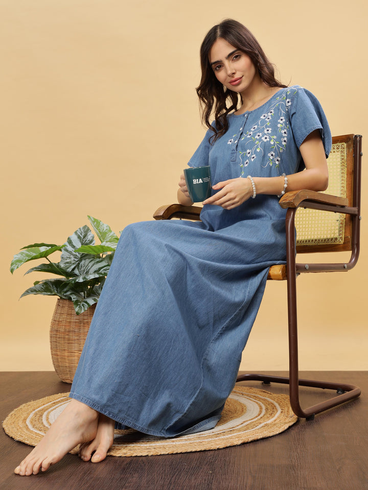 Sky blue cotton nighty for women with floral embroidery