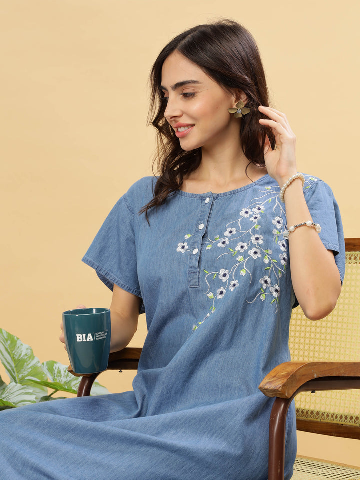 Sky blue cotton nighty for women with floral embroidery