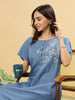Sky Blue Cotton Nighty with Elegant Floral Embroidery | A-Line Design