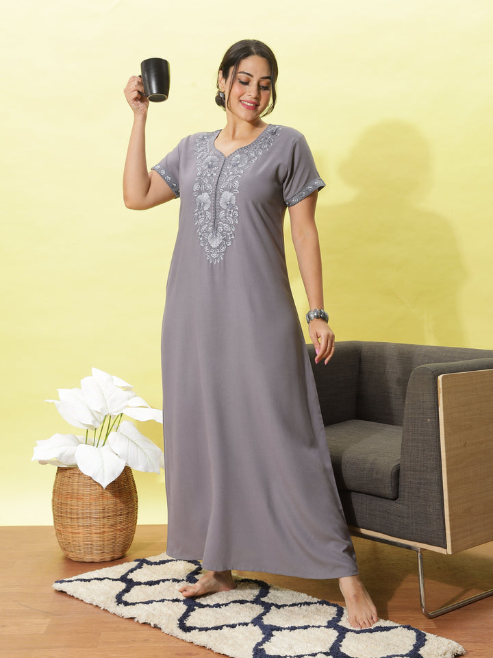 French Silver Alpine Nighty for Women with Embroidery