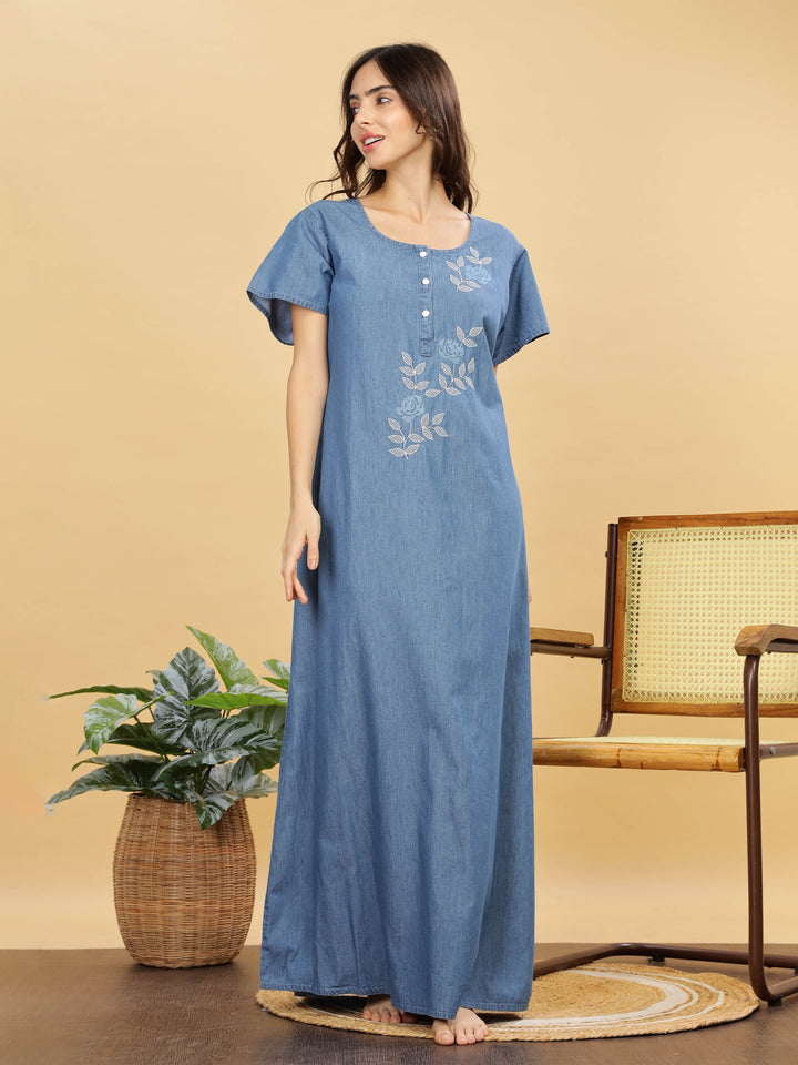 Sky Blue Cotton Embroidered Maxi Nighty | Comfort & Style Combined