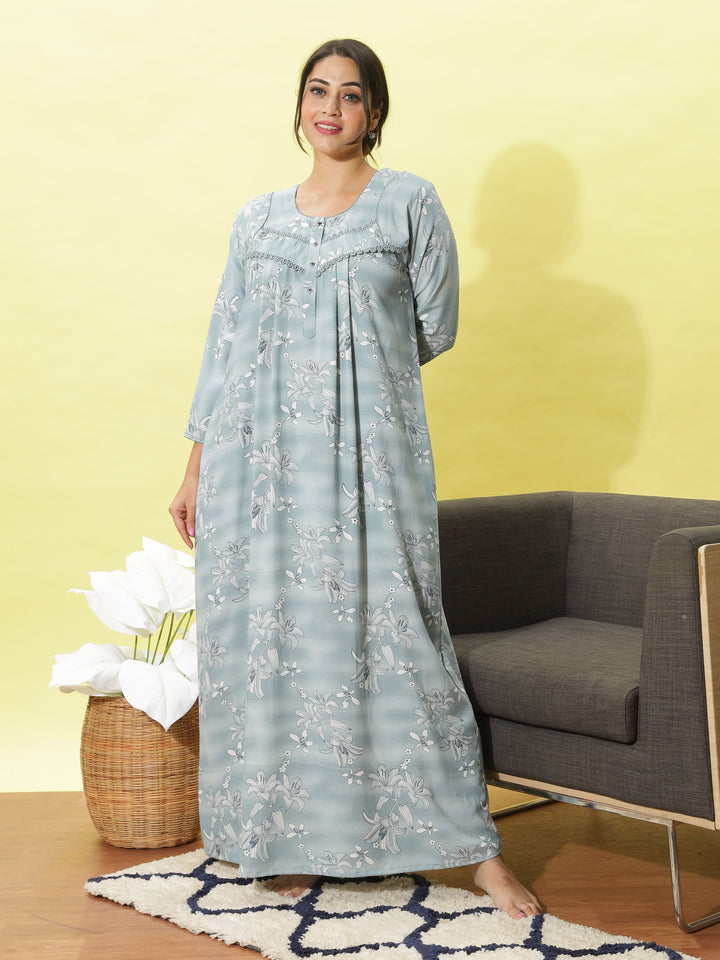 Light Blue Embroidered Nightdress With Soft and Stylish 3/4 Sleeve