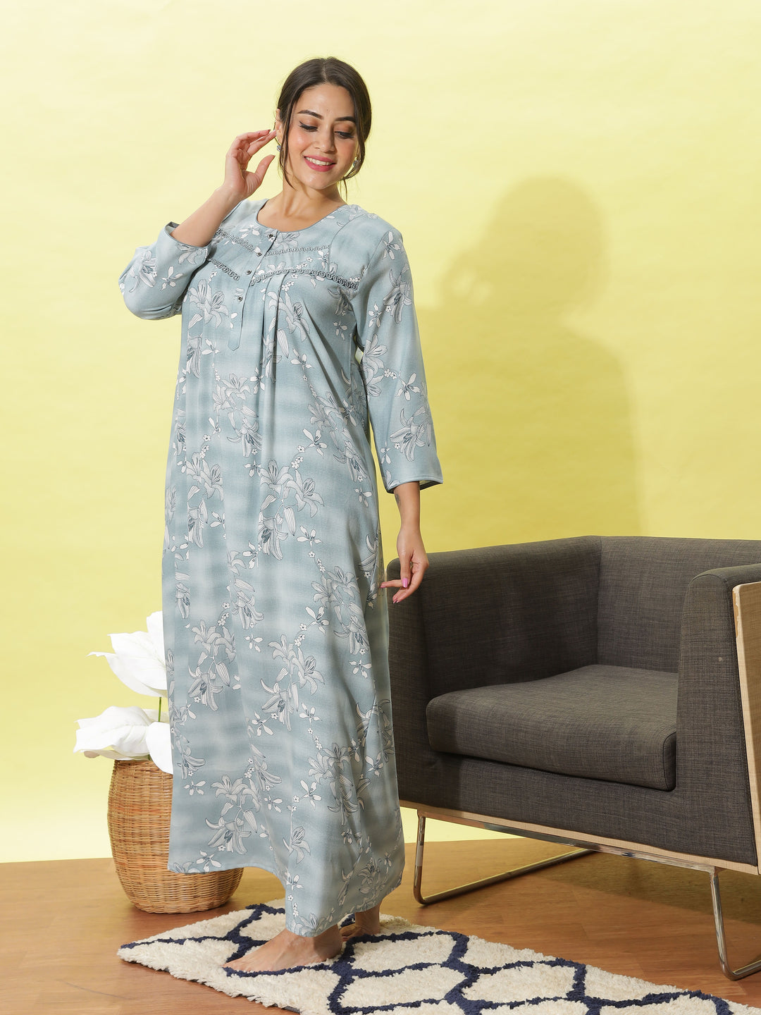 Light Blue Embroidered Nightdress With Soft and Stylish 3/4 Sleeve