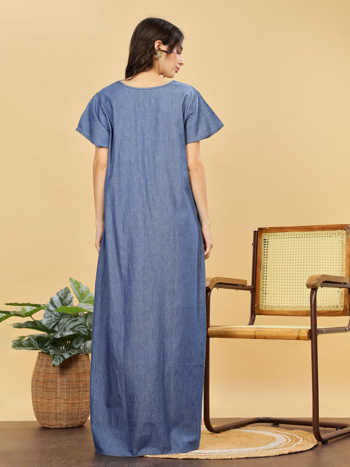 Cotton Denim Nighty With Pink Floral Embroidery