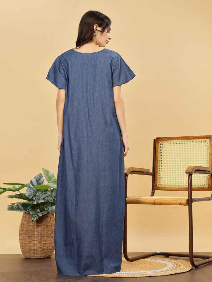 Soft Denim Blue Nighty with Pink Floral Embroidery Maxi Length