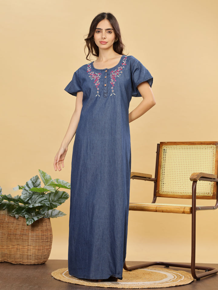 Soft Denim Blue Nighty with Pink Floral Embroidery Maxi Length