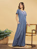 Soft Denim Sky Blue Nighty with Pink Floral Embroidery Maxi Length