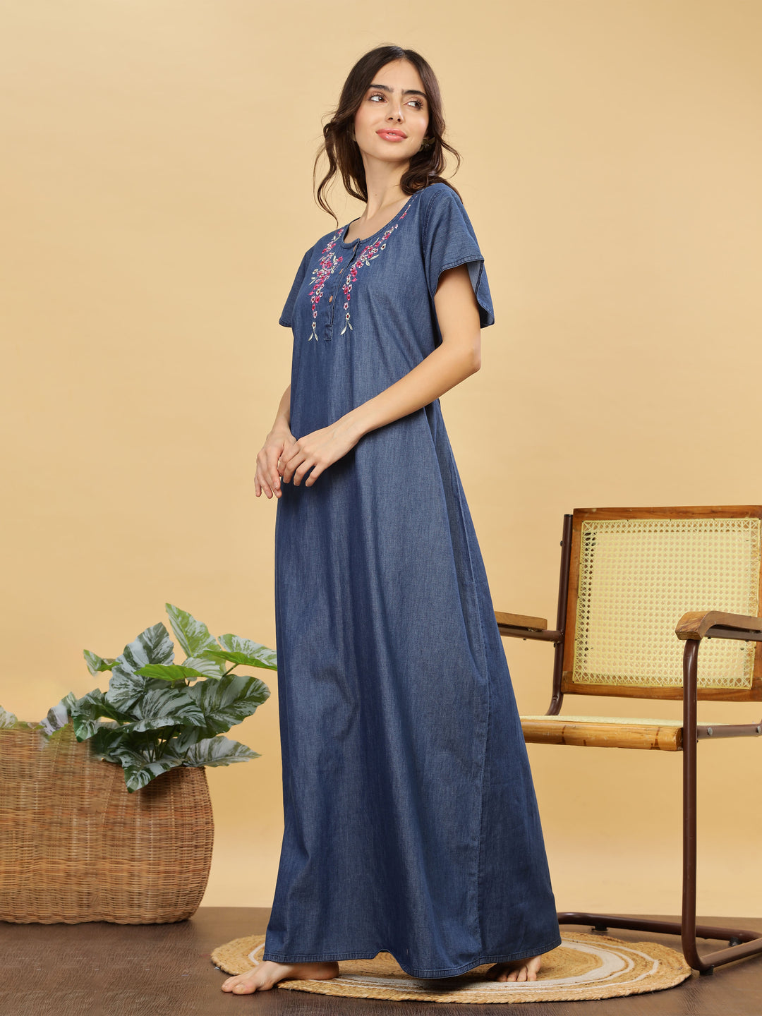 Soft Denim Blue Nighty with Pink Floral Embroidery Maxi Length