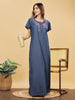 Soft Denim Blue Nighty with Pink Floral Embroidery Maxi Length