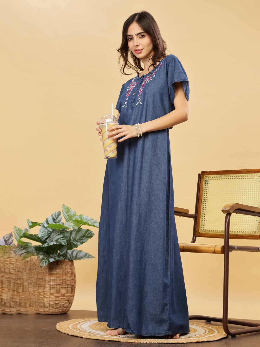 Soft Denim Blue Nighty with Pink Floral Embroidery Maxi Length