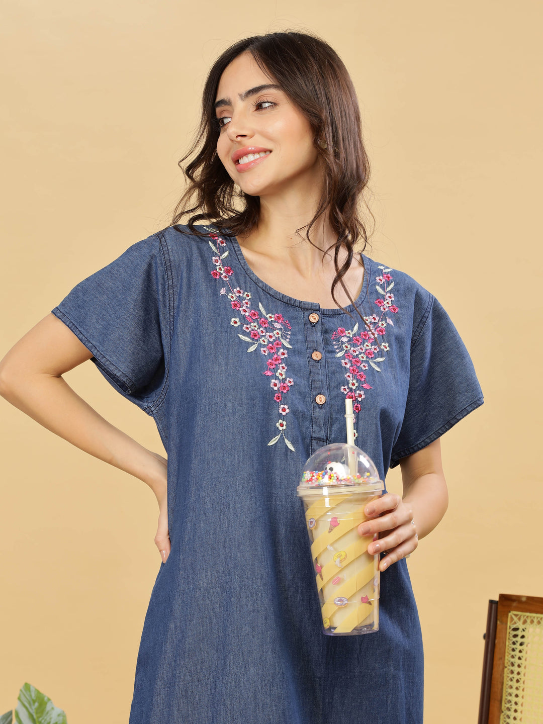 Soft Denim Blue Nighty with Pink Floral Embroidery Maxi Length