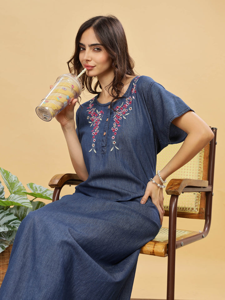 Soft Denim Blue Nighty with Pink Floral Embroidery Maxi Length