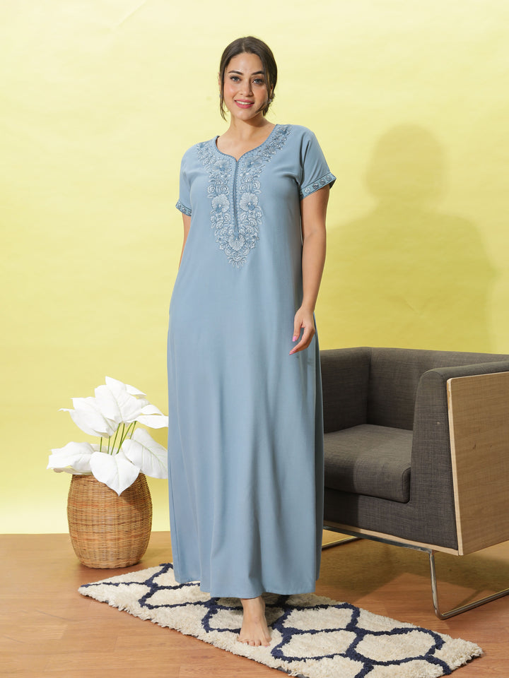 Sadabahar Ice Blue Designer Nighty with Embroidery