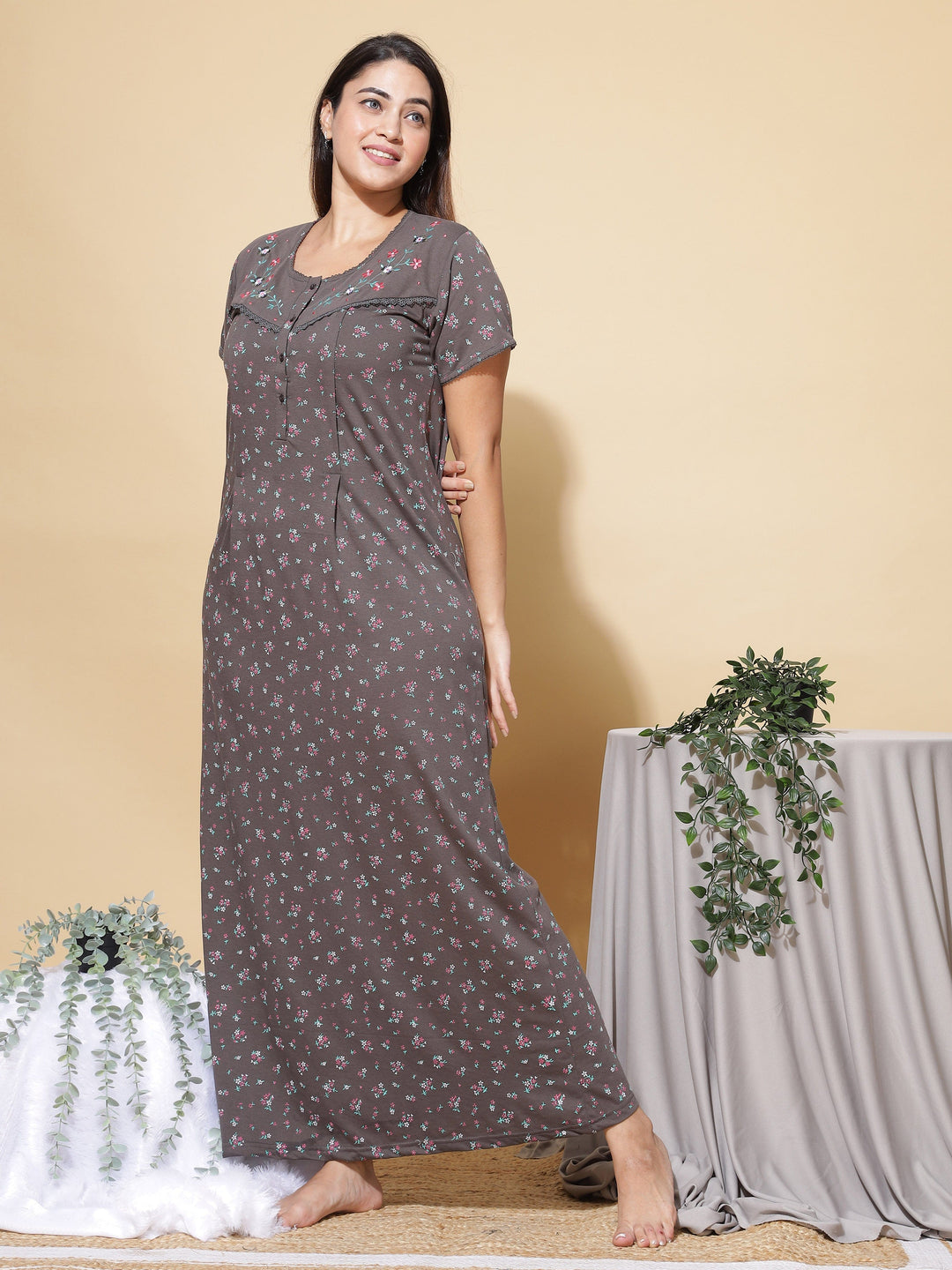  Maternity Long Nighty  Mud Green Nighty - Cotton Blend Maternity Feeding Nighty- 9shines label 