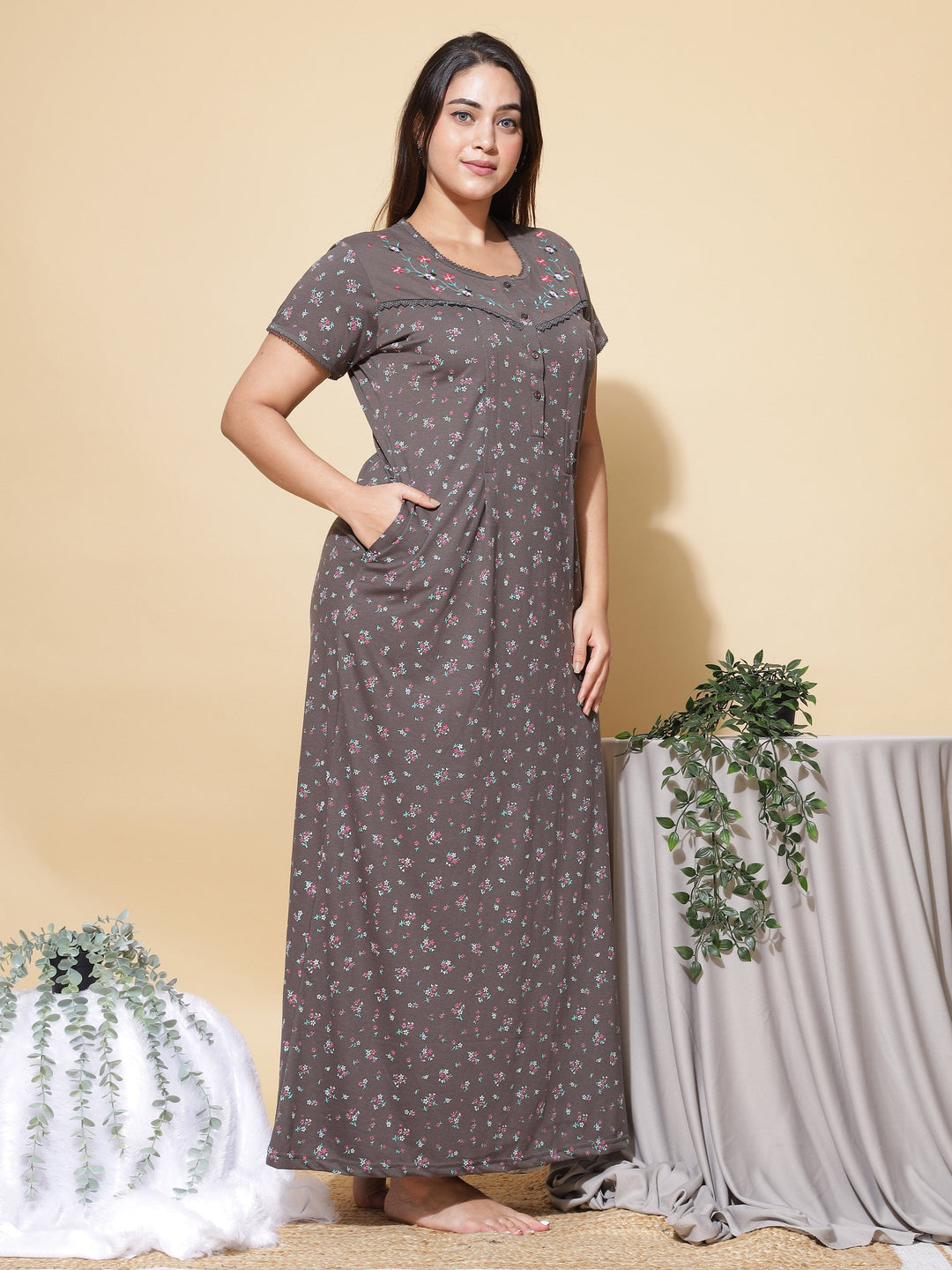  Maternity Long Nighty  Mud Green Nighty - Cotton Blend Maternity Feeding Nighty- 9shines label 