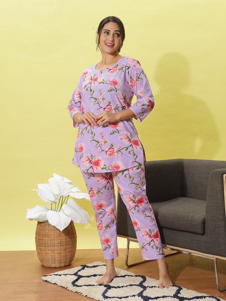 Comfy Lavender Floral Cotton Women' s Pyjama Set