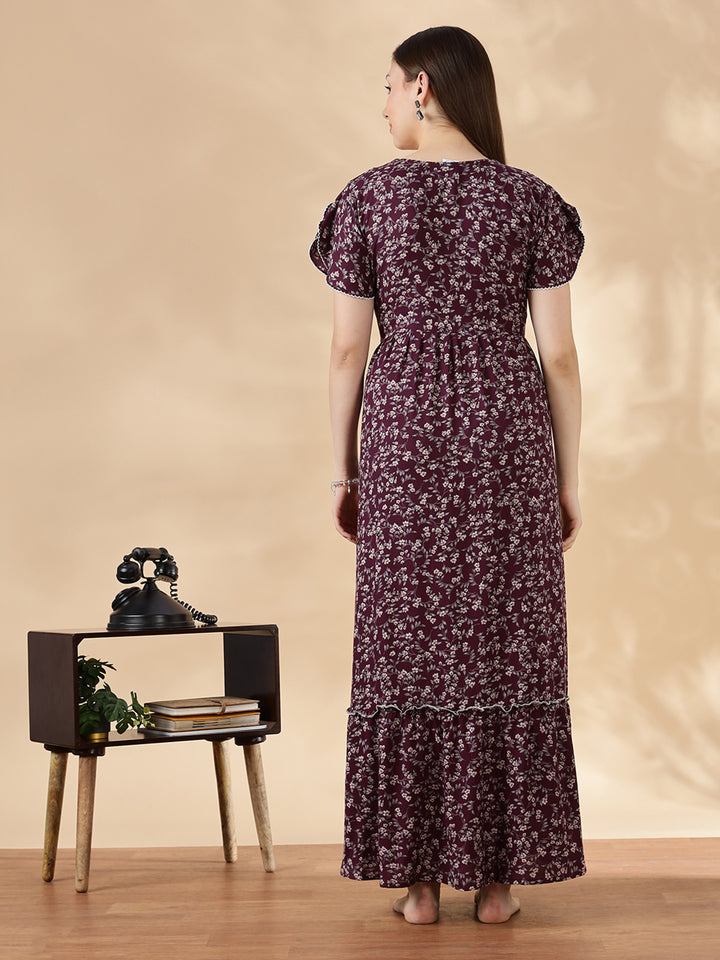 Wine Flora Micro Floral Frock Nighty with Embroidered Placket