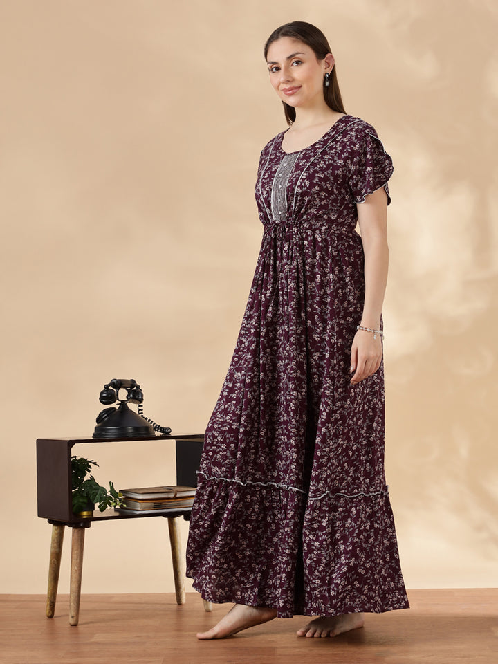 Wine Flora Micro Floral Frock Nighty with Embroidered Placket