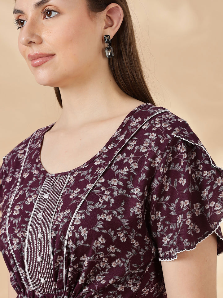 Wine Flora Micro Floral Frock Nighty with Embroidered Placket
