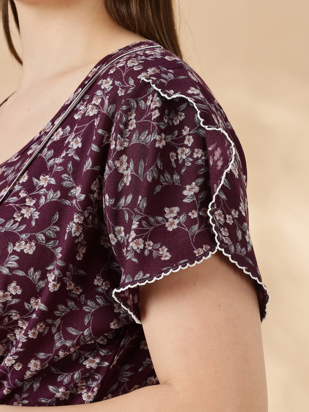 Wine Flora Micro Floral Frock Nighty with Embroidered Placket