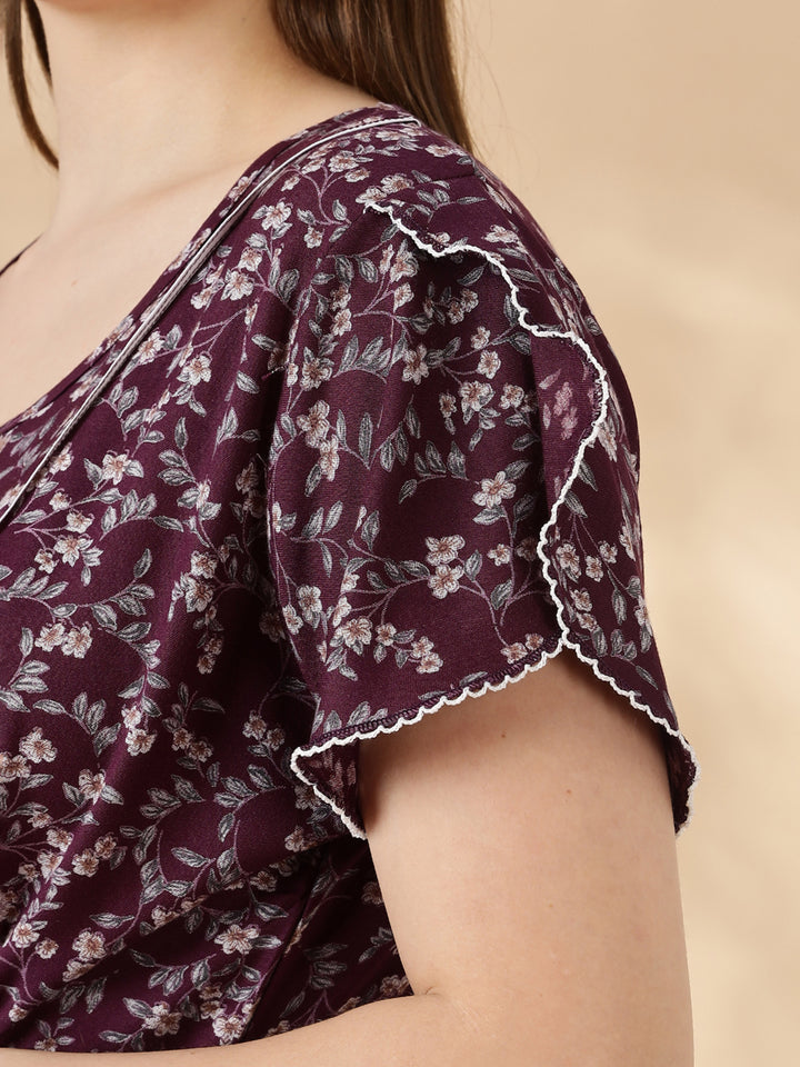 Wine Flora Micro Floral Frock Nighty with Embroidered Placket