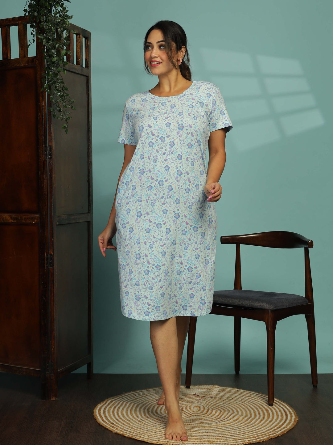 Light Blue Plus Size Short Nighty for Women