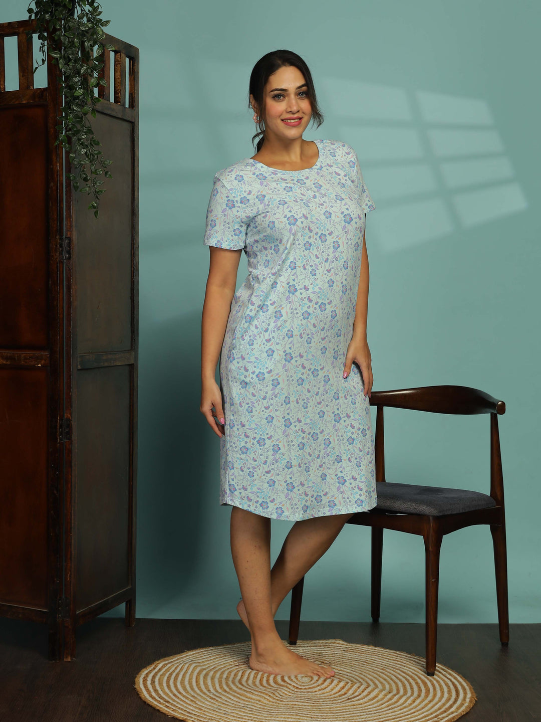 Light Blue Plus Size Short Nighty for Women