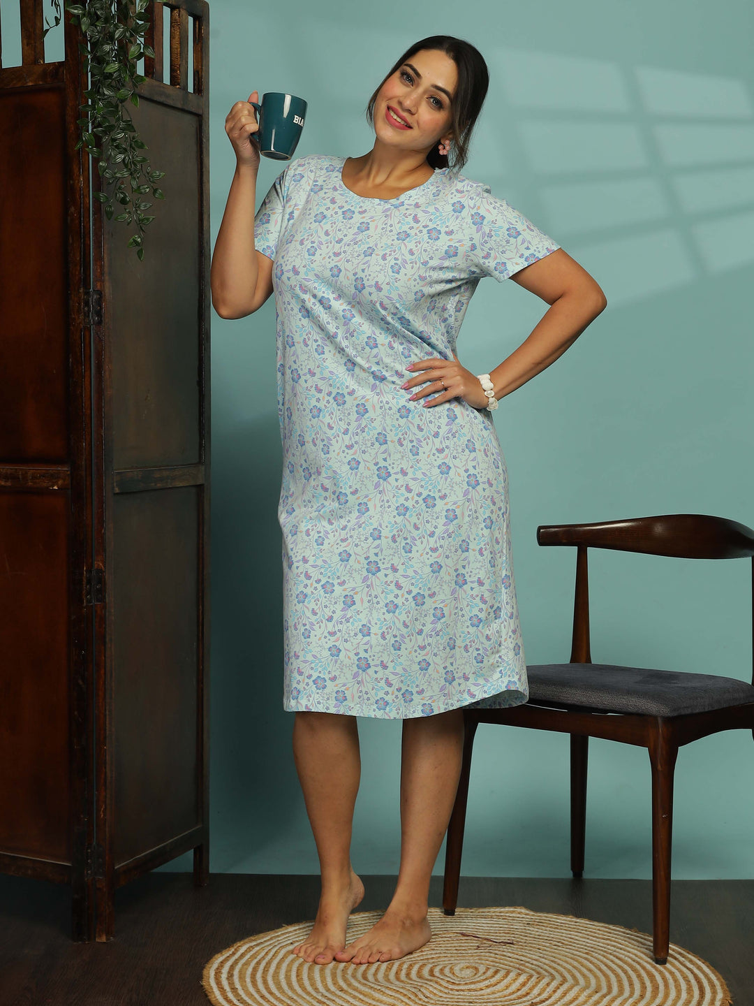 Light Blue Plus Size Short Nighty for Women