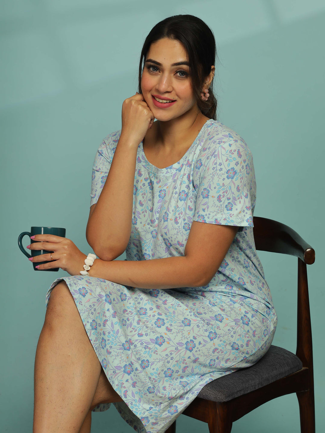 Light Blue Plus Size Short Nighty for Women