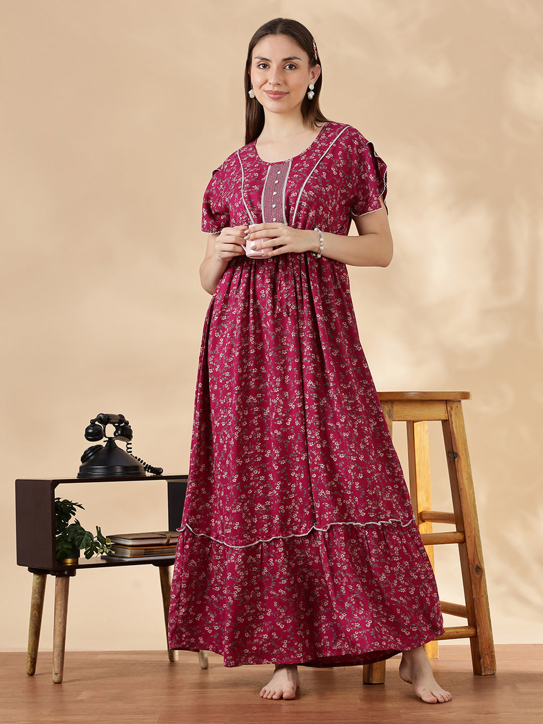 Pink Flora Micro Floral Frock Nighty with Drawstring Waist