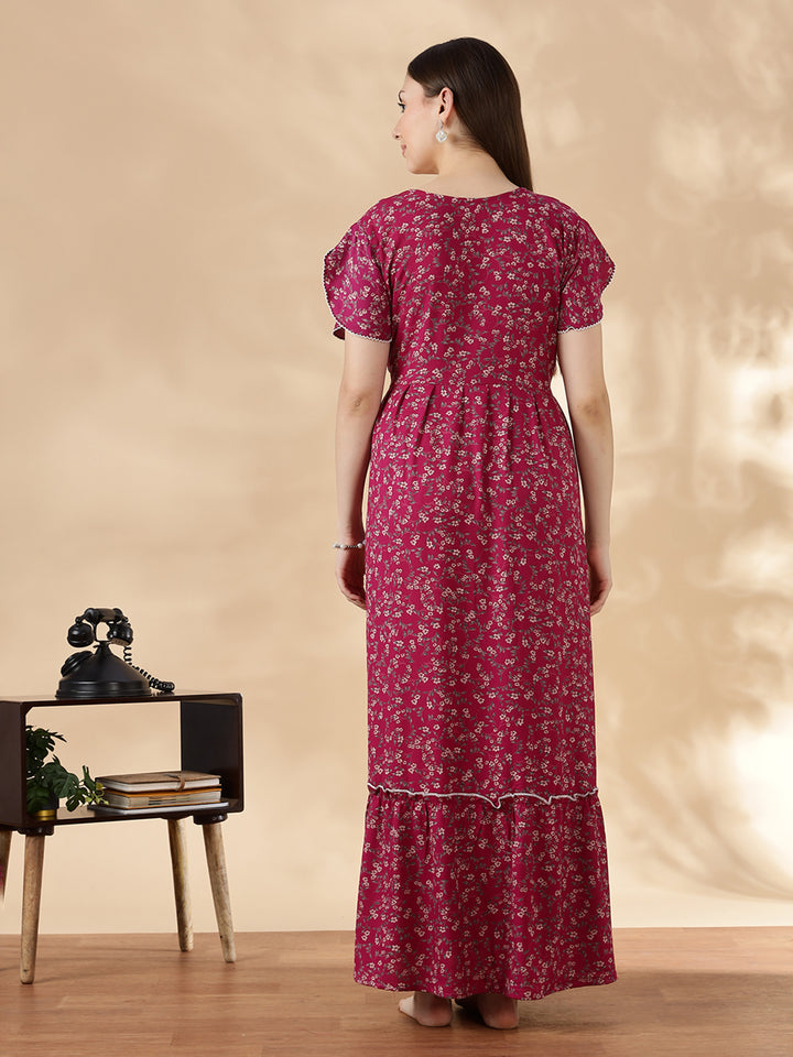 Pink Flora Micro Floral Frock Nighty with Drawstring Waist