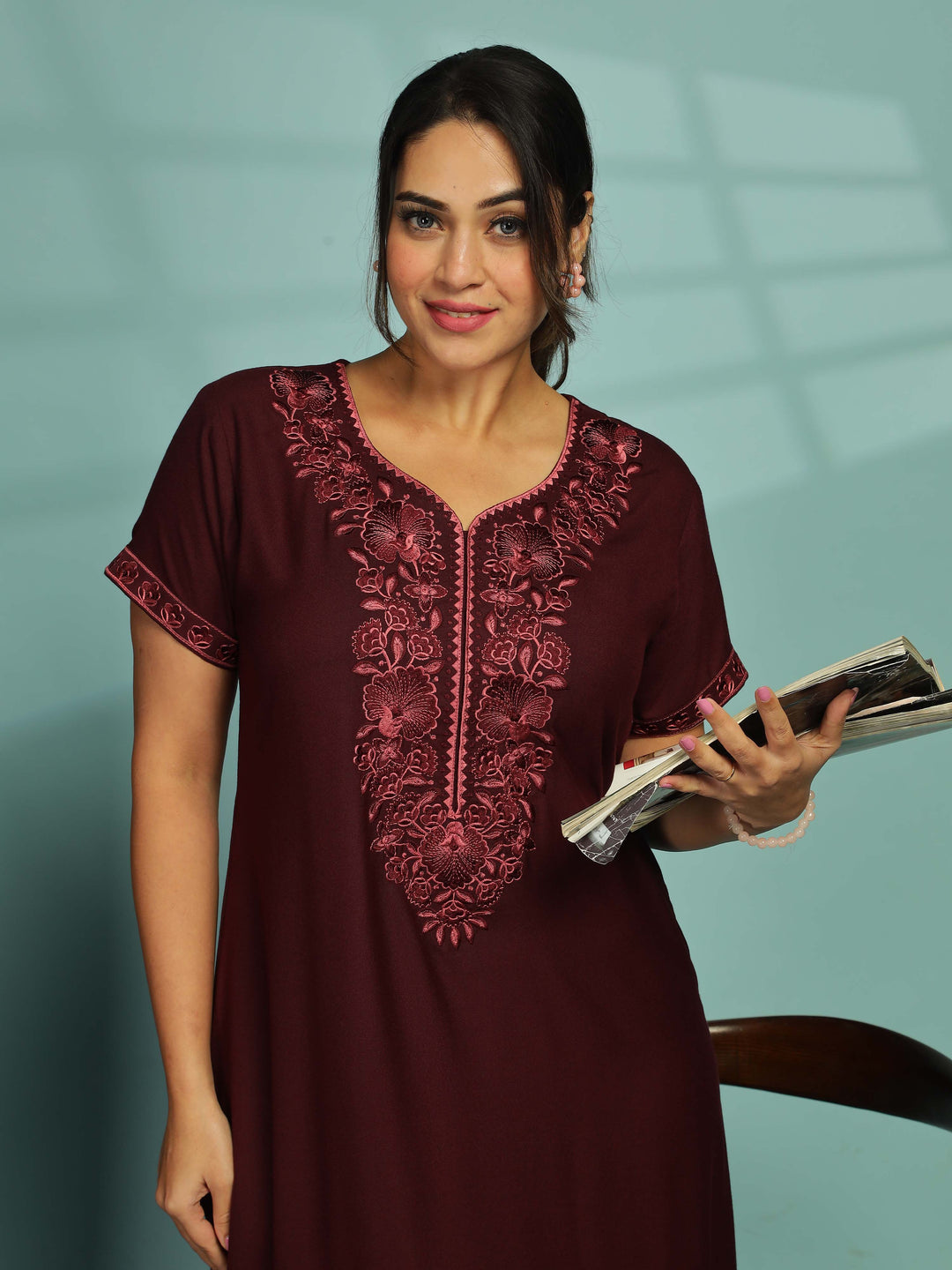 Sadabahar Rose Wood Designer Alpine Nighty for Women